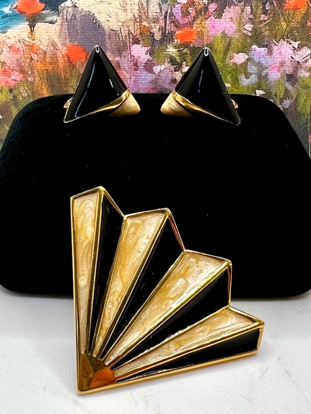 Monet Art Deco Fan Brooch & Earrings Set